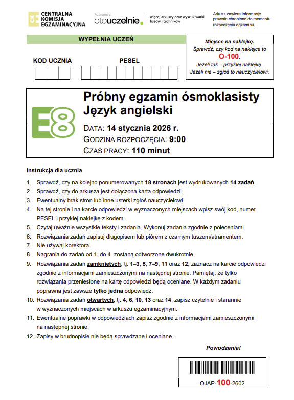 arkusz egzamin ósmoklasisty język angielski